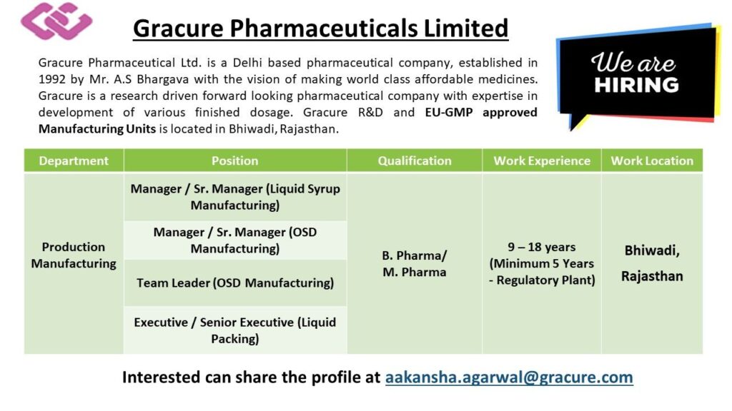 Gracure Pharmaceuticals job openings for Production Manufacturing Gracure Pharmaceuticals job openings for Production Manufacturing