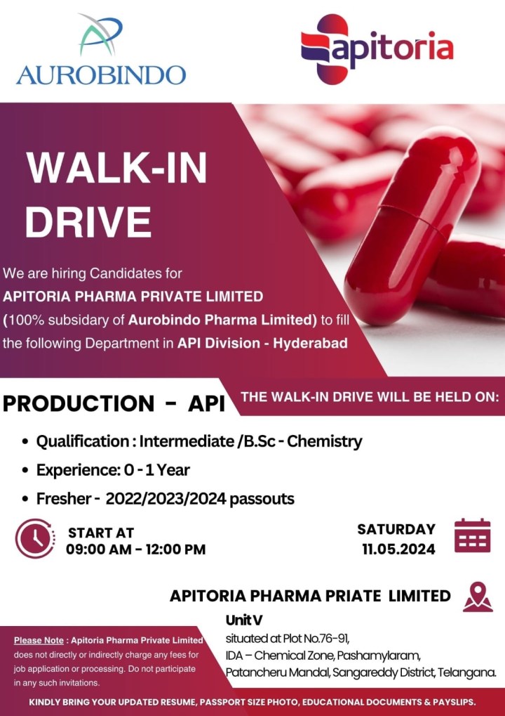 Apitoria Pharma walk-in interview for Freshers on 11th May 2024
